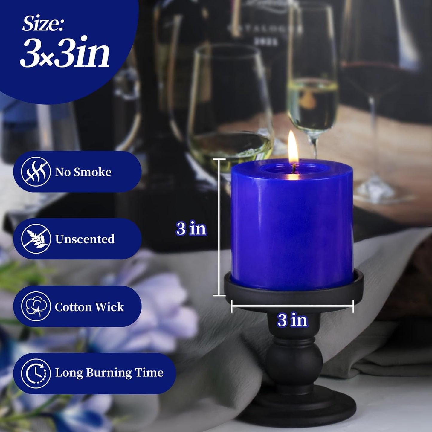 KONNI Classic Blue Pillar Candles Set of 3, 3"x 3" Unscented Pillar Candles Bulk, 30 Hours Long Burning Candles, Smokeless&Dripless Large Round Candle for Wedding, Home Decoration, Parties, Spas