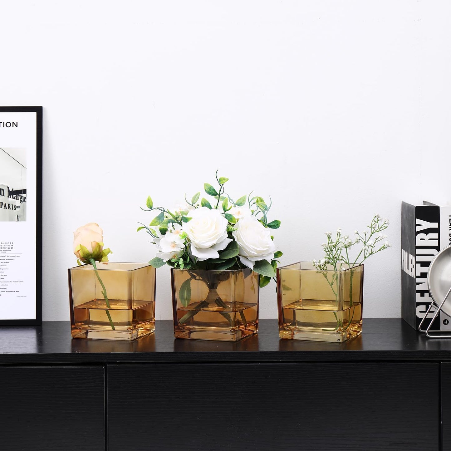 Square Amber Glass Vases Set of 2, 6" x 6" x 6" Square Vase for Centerpieces, Flower Vases for Centerpieces, Small Vase for Wedding, Party, Home Office Decoration