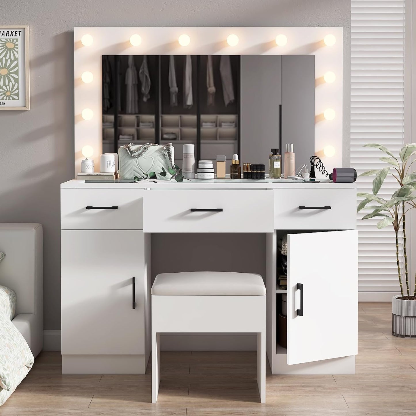 Karl home Vanity Desk with Large Lighted Mirror & Powre Outlet, Glass Tabletop Makeup Vanity Set with 3 Drawers & 2 Cabinet, 45.3" Make up Dressing Table with 12 Lights for Bedroom, White