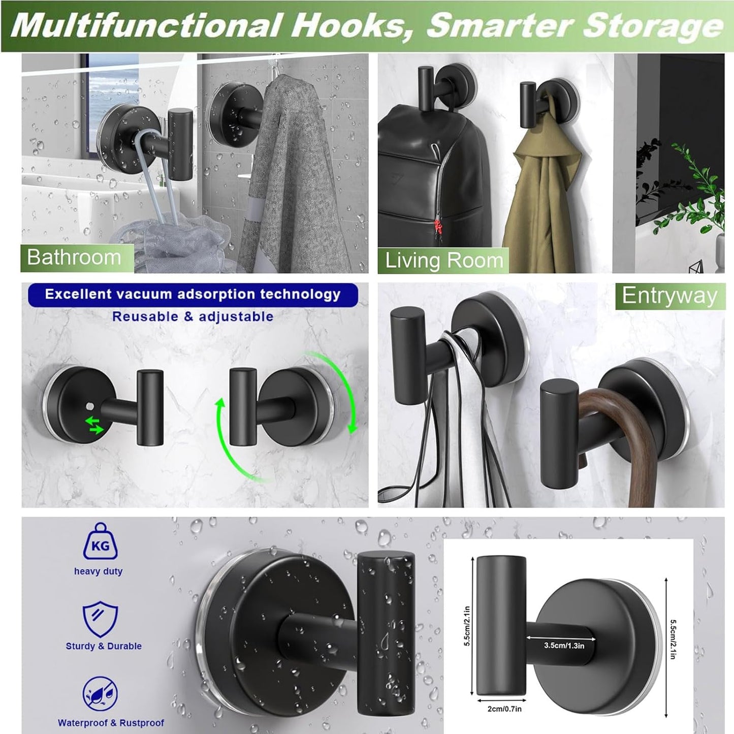 Suction Cup Hooks for Shower, Stainless Steel Towel Hooks for Bathroom Wall, Glass Door, Kitchen, Mirror, Tile, Shower Hooks for Hanging Towels, Robes, Bath Balls (2 Pack，Black)