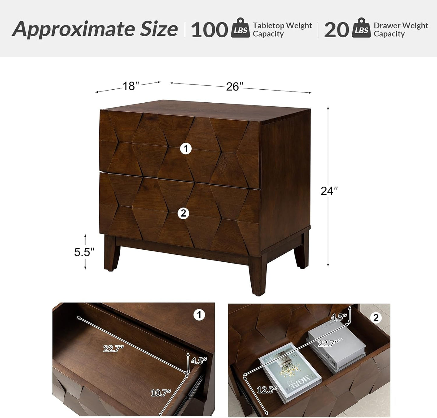 HULALA HOME Wood Nightstand with Charging Station 2 Drawer Dresser with Wooden Legs Mid Century Modern Bedside French Style End Table for Bedroom, Walnut