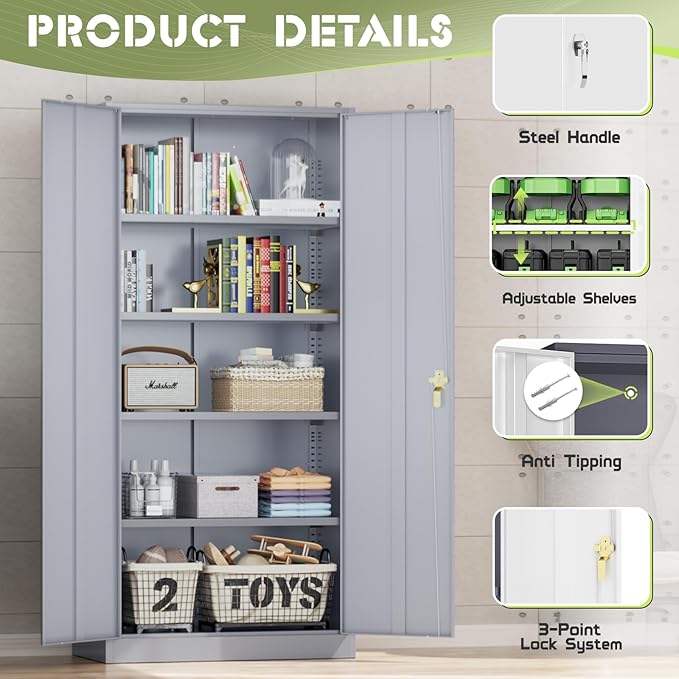 SUNCROWN 72" Metal Storage Cabinet - Heavy-Duty Metal Garage Cabinet with 4 Adjustable Shelves & 2 Doors for Tools, Office, Home, Workshop,Cement Grey