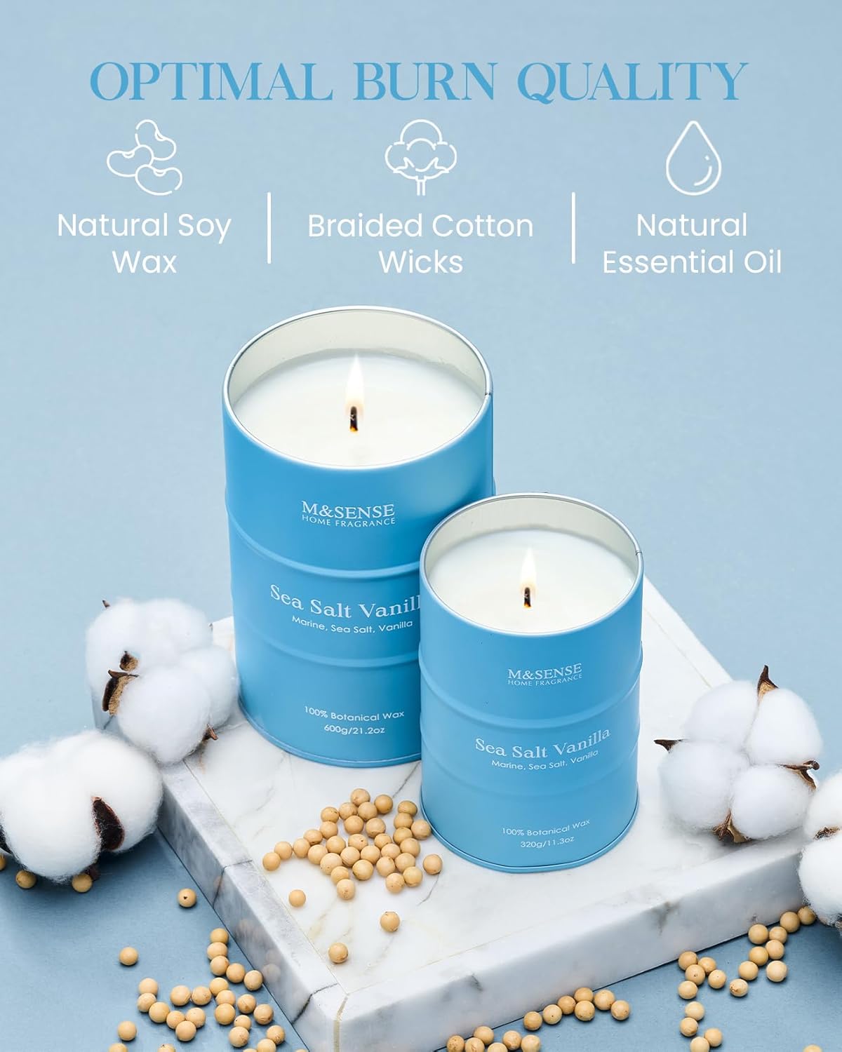 M&SENSE Sea Salt Vanilla Beach Scented Candles, Coastal Soy Candle, Summer Candle for Stress Relief Meditation Relaxing, Housewarming Gifts for Women Men, 11.3oz 70 Hour Long Burning