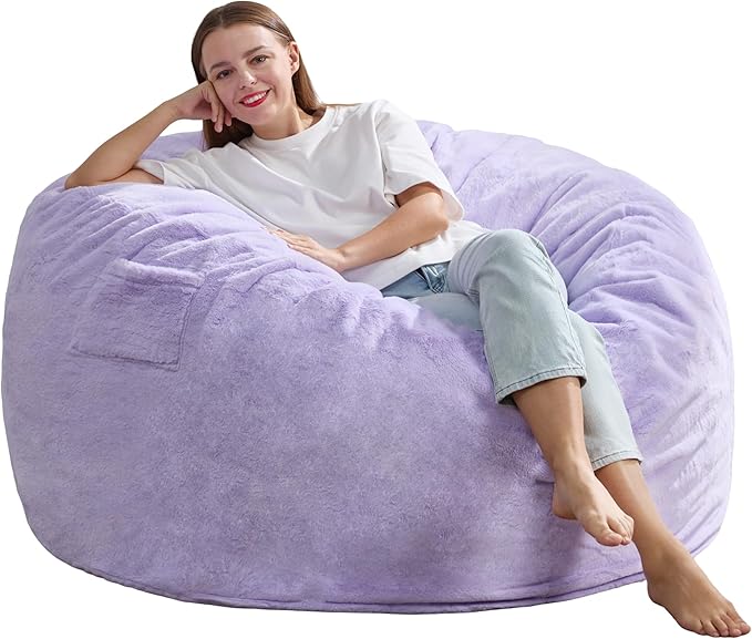 Hobestluk 5ft Bean Bag Chairs for Adults Large Beanbag Chair with Plush Faux Fur Cover Big Bean Bag Chair for Living Room Bedroom Dorm Office - Purple (50” x 50” x 24”)