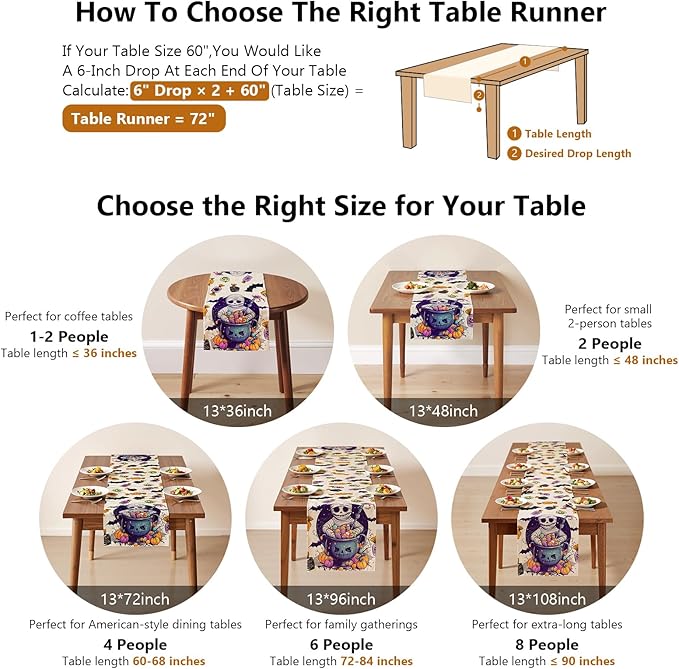 Halloween Table Runner with Mummies,Pumpkins & Candy,Table Decoration for Dining Party and Home Decor,72x13 inches