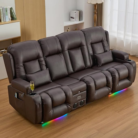IPKIG 89" Power Reclining Loveseat Sofa, Electric Home Theater Seating with Console/4 Colors Ambient Lighting/Bluetooth Speakers/USB Ports/Built-in Outlets (Brown, 3-Seater with Console)
