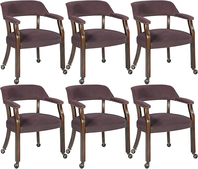 MODERION Dinning Chairs with Wheels and Arms Set of 6, Solid Wood Office Desk Chairs with Frosted Velvet Upholstered, Classic Swivel Accent Chairs,31.5" H Boss Caption's Chair, Plum XXY-HT22-PM