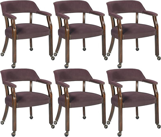 MODERION Dinning Chairs with Wheels and Arms Set of 6, Solid Wood Office Desk Chairs with Frosted Velvet Upholstered, Classic Swivel Accent Chairs,31.5" H Boss Caption's Chair, Plum XXY-HT22-PM