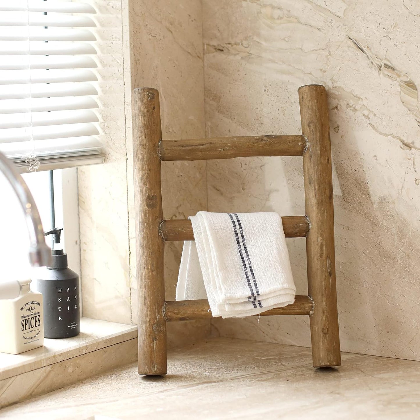 FUIN Fully Assembled Wooden Tea Towel Ladder, Mini Ladder Towel Rack Display Hanger, Small Rustic Farmhouse Tea Towel Stand Holder for Country Bathroom Decor, Brown