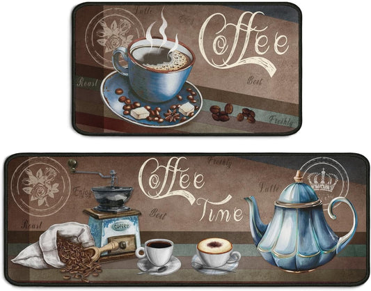 2 Piece Coffee Kitchen Decor Rugs Set, Farmhouse Country Kitchen Rugs and Mats Non Skid Washable Absorbent Microfiber Kitchen Accessories Decoration Floor Mats 17"x47"+17"x30"