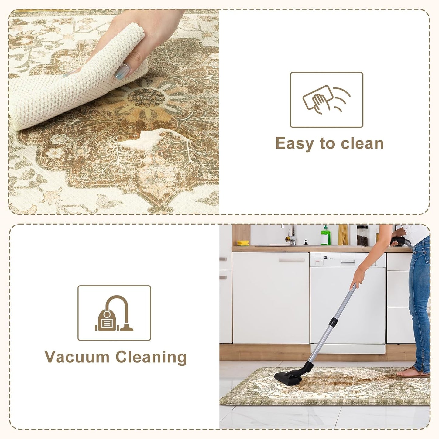 KIMODE Anti Fatigue Mats for Kitchen Floor 2 Piece, Boho Floral Kitchen Rugs Non Slip, Cushioned Kitchen Floor Mats, Comfort Standing Desk Mat for Sink, Laundry, Desk Khaki Multi 17"x47"+17"x29"