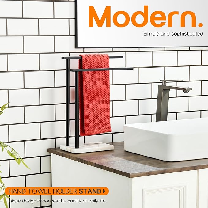 Towel Racks Matte Black Free Standing 2-Tier Hand Towel Holder for Bathroom Vanity Countertop with Thicken Steady Marble Base, Stainless Steel AN7003MB
