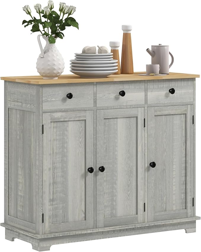HOMCOM Sideboard with Solid Wood Countertop, Modern Kitchen Storage Cabinet, Coffee Bar Cabinet with 3 Drawers, Doors and Adjustable Shelf, Distressed Light Gray