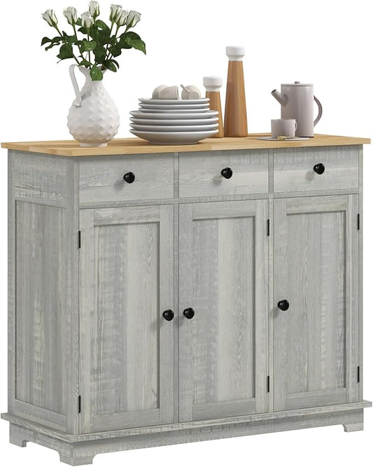 HOMCOM Sideboard with Solid Wood Countertop, Modern Kitchen Storage Cabinet, Coffee Bar Cabinet with 3 Drawers, Doors and Adjustable Shelf, Distressed Light Gray