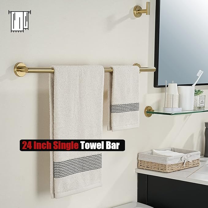 JQK Bath Towel Bar, 27 Inch Brushed Light Gold Towel Rack Bathroom, 304 Stainless Steel Thicken 0.8mm Towel Holder Wall Mount, Useable Length 24 Inch, TB110L24-BG