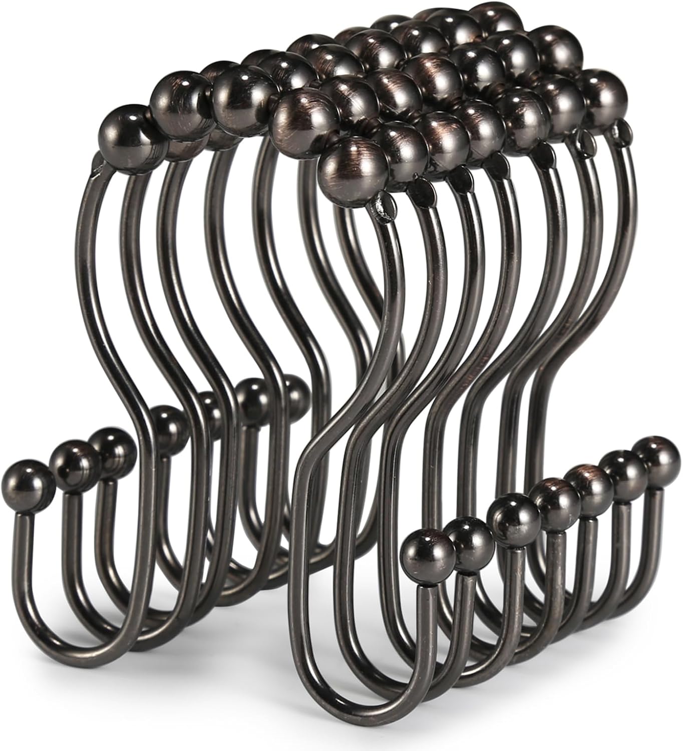 Goowin Shower Curtain Hooks, 12 Pcs Shower Curtain Rings, Stainless Steel Bronze Shower Curtain Hooks Rings Rust Proof, Balance Sliding Anti-Drop Double Shower Hooks for Shower Curtain Rod (Bronze)