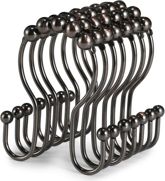 Goowin Shower Curtain Hooks, 12 Pcs Shower Curtain Rings, Stainless Steel Bronze Shower Curtain Hooks Rings Rust Proof, Balance Sliding Anti-Drop Double Shower Hooks for Shower Curtain Rod (Bronze)