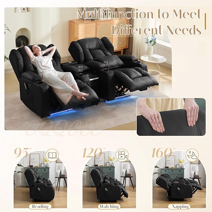 Wall Hugger Power Recliner Chair, Home Theater Seating Electric Recliing Sofa with Massage & Heat, Cup Holder, USB Port, LED Ambient Light, Storage for Living Room (Black, 2 Chairs + Console)
