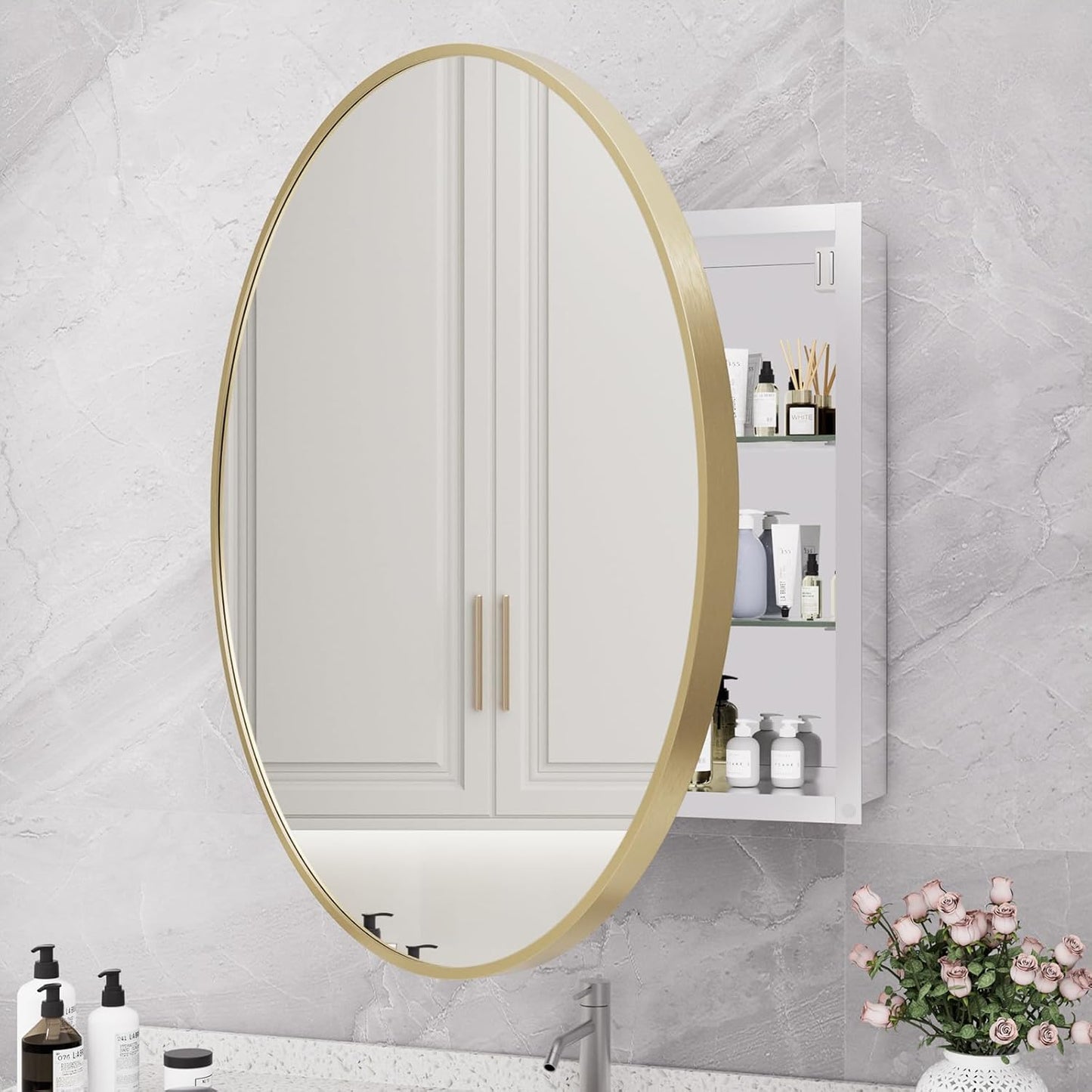 HOMECOOKIN Bathroom Gold Mirror Medicine Cabinet, 28 Inch Wall Mounted Aluminum Alloy Metal Framed with Storage