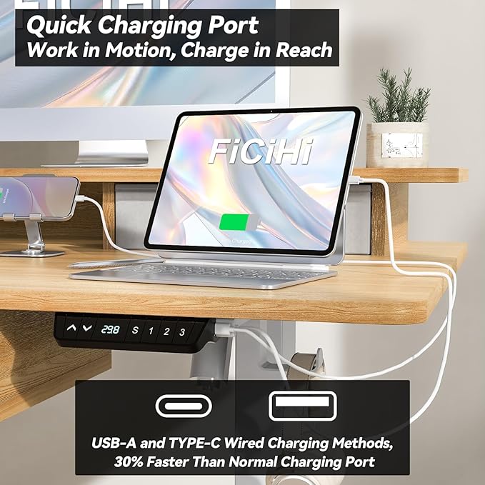 Adjustable Height Standing Desk with 4 Drawers,55 x 30 inches Electric Sit Stand Home Office Desk with Two Tiers, 3 Memory Presets, Monitor Stand Riser, USB A/C Charging Port