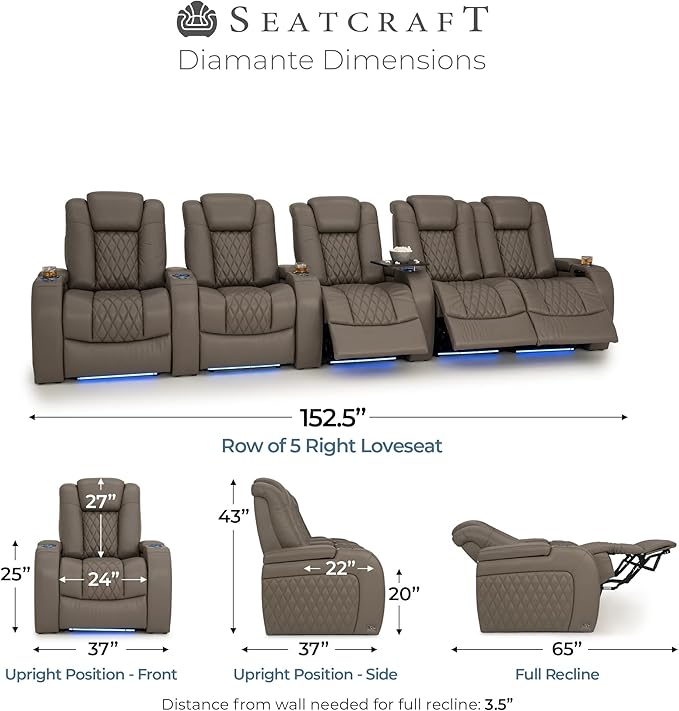 Seatcraft Diamante Zero-Gravity CoolZero Italian Leather Home Theater Seating, Power Headrest, Power Recline, Row of 5 Right Loveseat, Gray