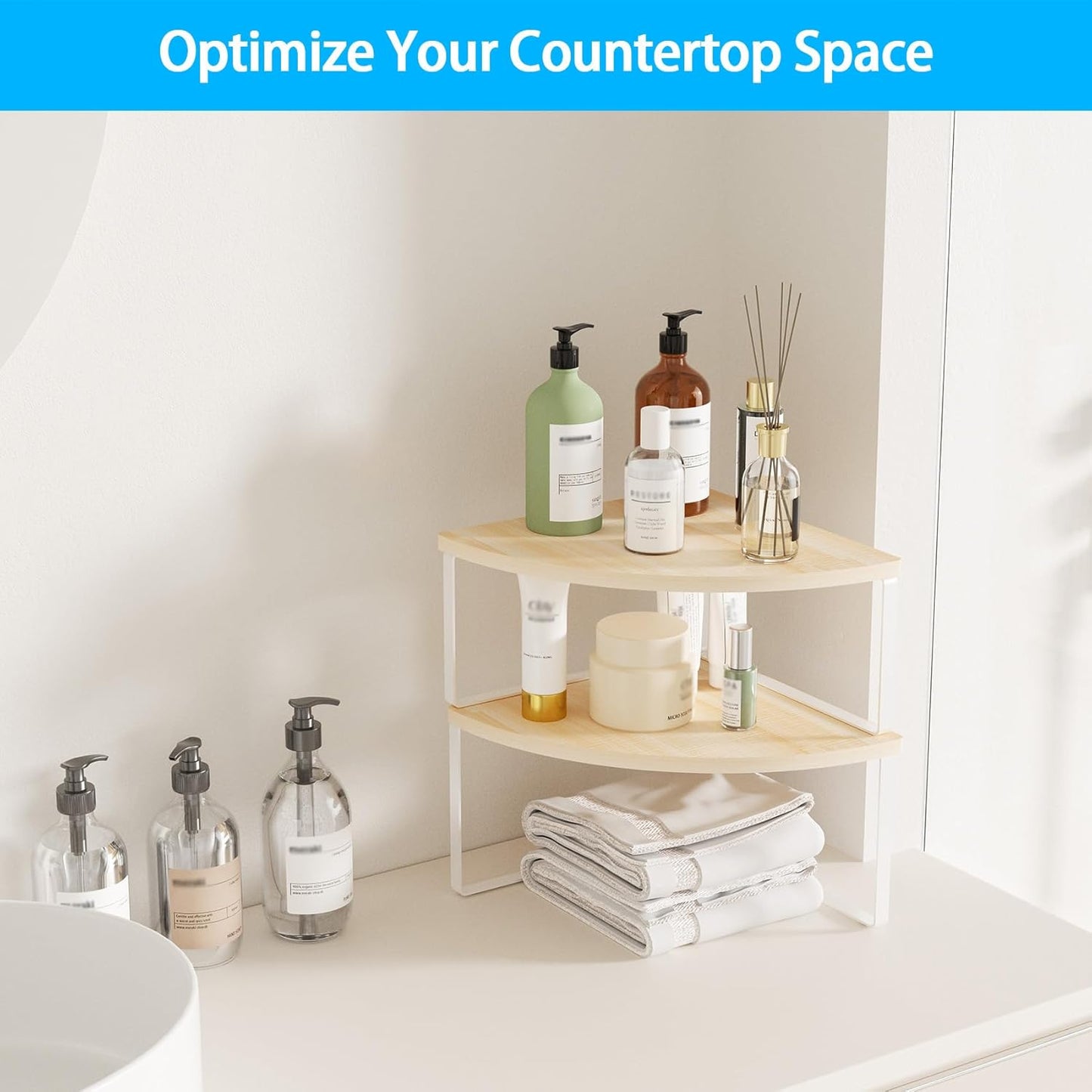 Corner Shelf Countertop Organizer - Set of 2 Corner Shelves for Kitchen Cabinet Organizer, Spice Rack, Stackable Bathroom Stand and Storage, Sink Rack, Corner Cabinet, Counter Decor, Natural Beige