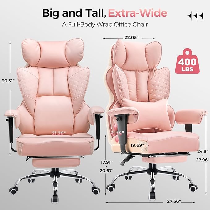COMHOMA Big and Tall Office Chair 400LBS Wide Ergonomic Gaming Chair with Deluxe Embossing Designed Leather with Foot Rest,150°Reclining Adjustable Armrests Pocket Spring Back Support and Pillow