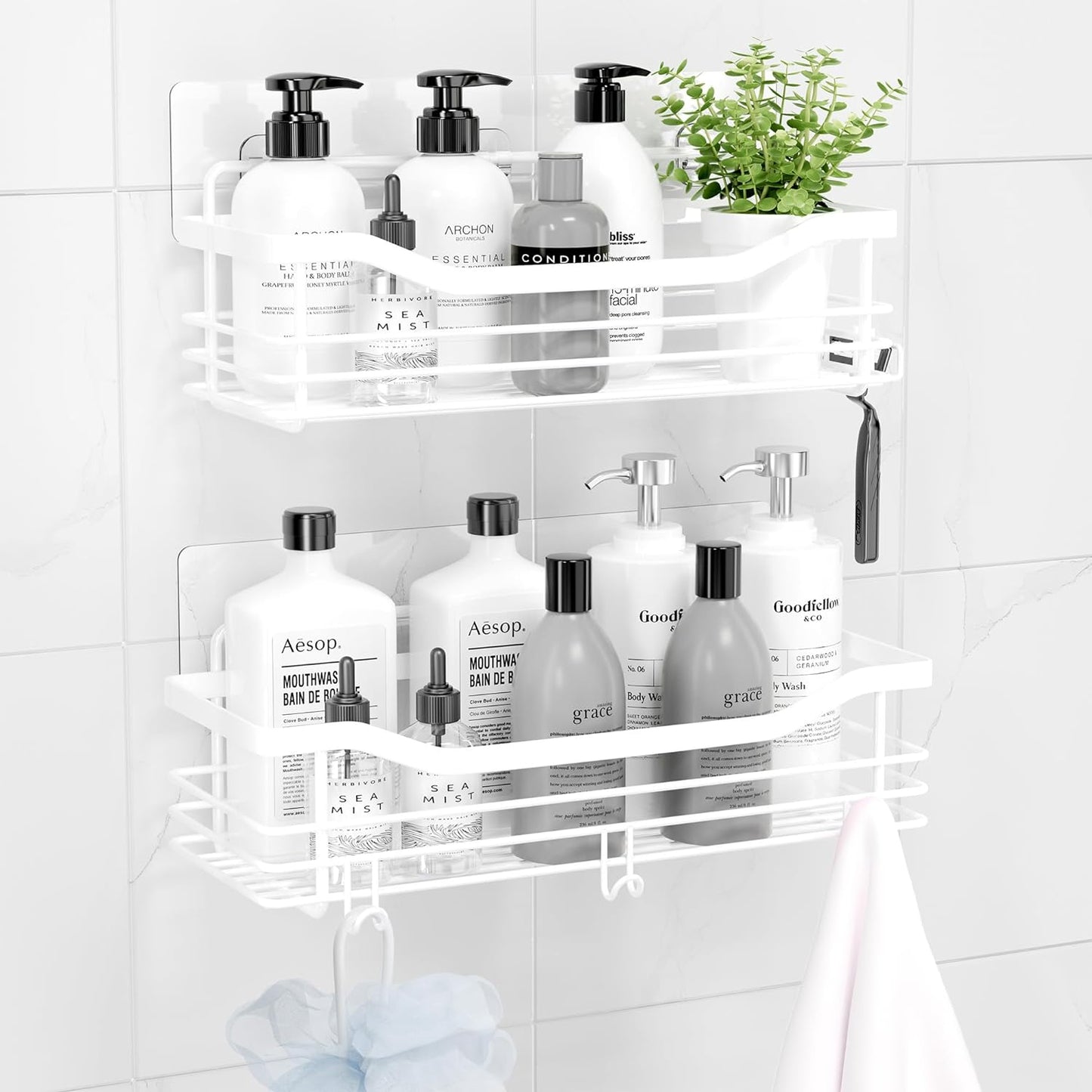 Orimade Shower Caddy Basket Shelf Storage Rack, No Drilling Wall Mounted Adhesive Rust Proof Stainless Steel Shower Organizer with 5 Hooks for Bathroom, White 2 Pack