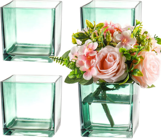 Square Glass Vases Set of 4, 5" x 5" x 5" Green Flower Vases for Centerpieces, Square Vase for Flowers, Small Vase for Wedding, Party, Home Office Decoration