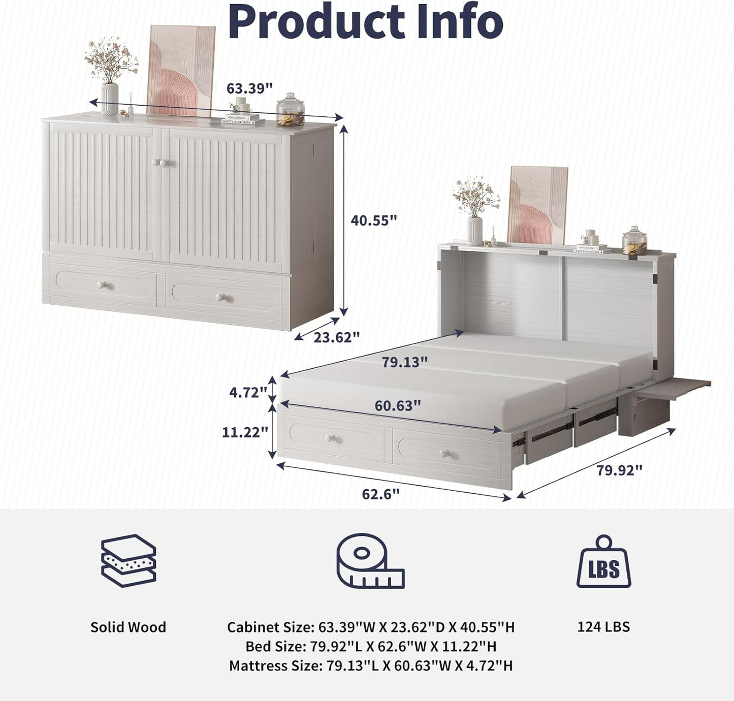 ijuicy Murphy Bed Queen Size with Foam Mattress, Side Storage Board, Cabinet Bed with Charging Station Large Storage Drawer for Space-Saving Room, Foldable Hideaway-White