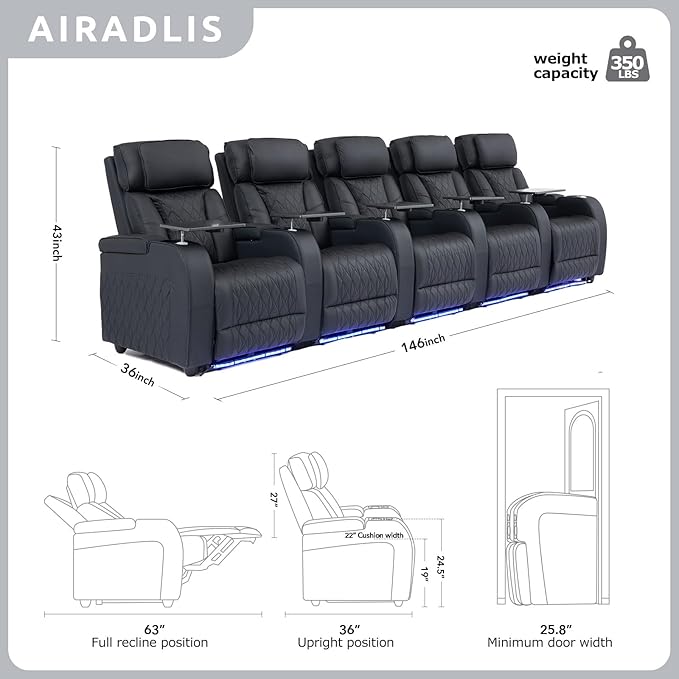 Home Theater Seating Top Grain Leather, Movie Theater Chairs Theater Recliner Sofa with Dual Power Ergonomic Design 7 Colors Ambient Lighting Tray Table Type-C USB Charge (Black, Row of 5)