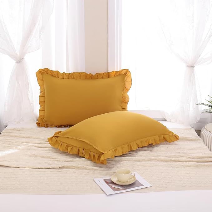 Merryword Mustard Yellow Pillowcases King Pillowcases Set of 2 Ruffle Pillow Shams Cute Pillow Covers Solid Ruffled Fringe Design Yellow Shabby Chic Pillowcases 2 Pack