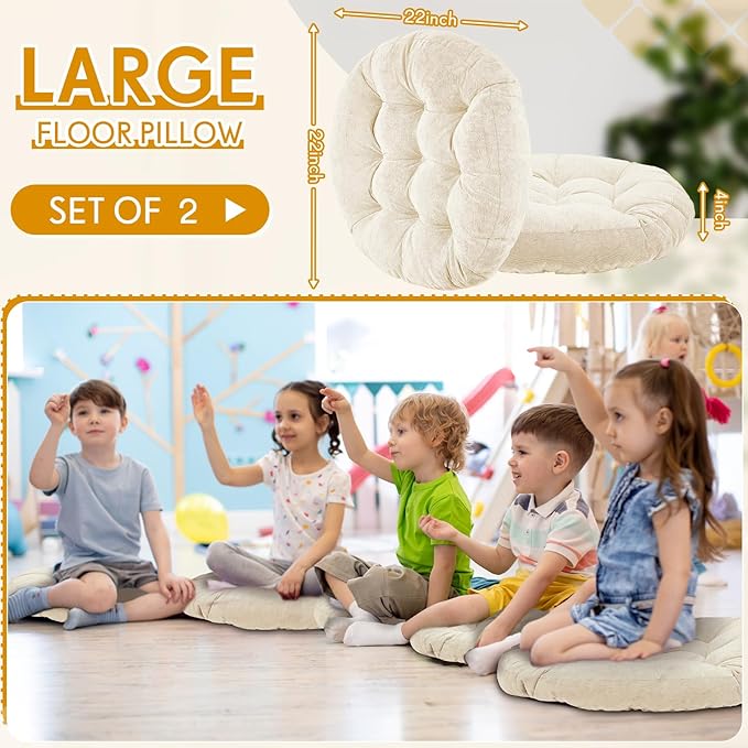 Jerify 2 Pcs Beige Floor Pillows Cushions 22 x 22 Inch Round Square Large Meditation Floor Pillow for Adults Meditation Cushion for Seating Gift Christmas(Round)