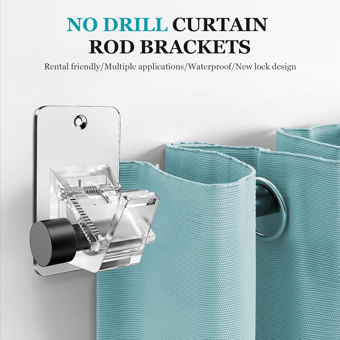 Adhesive No Drill Curtain Rod Brackets - Heavy Duty 30LB Holders for Bathroom Bedroom Kitchen, Universal Damage-Free Window Rod Hooks with Nail-Free Installation (8PC Transparent)