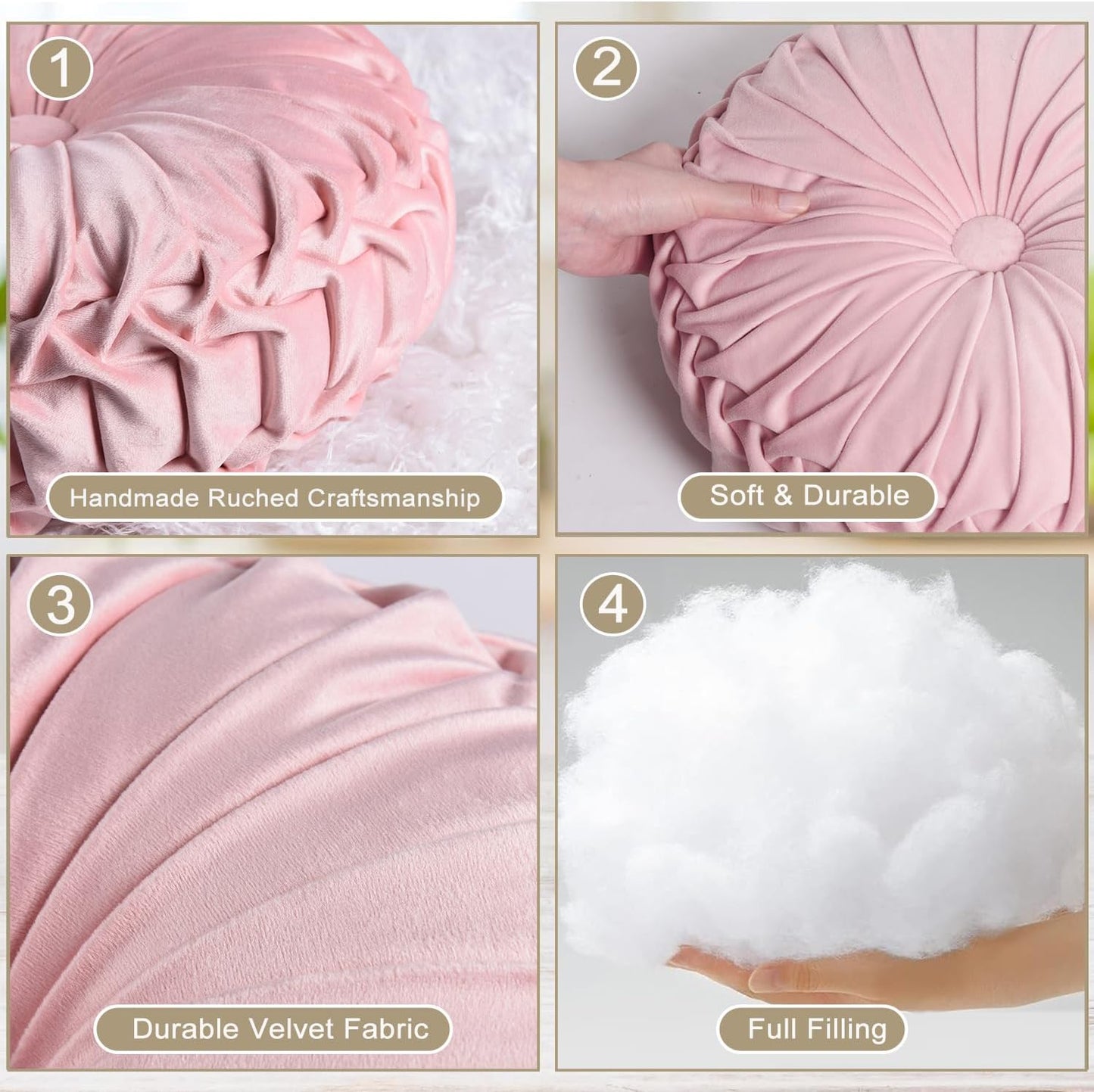 HIG Set of 2 Pink Ruched Velvet Round Throw Pillows – 14.5’’ Decorative Pillows with Soft Polyester Filling for Couch, Bed, Living Room, Bedroom, or Dorm – Handmade, Stress Relieving, All-Season