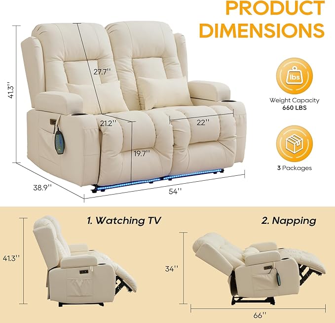 IPKIG 54" Power Loveseat Recliner Sofa, Electric Home Theater Seating with Massage Heat/4 Colors Ambient Lights/USB Port/Side Pocket/Cup Holder for Living Room, Bedroom, RV (Off-White, 2 Seater)
