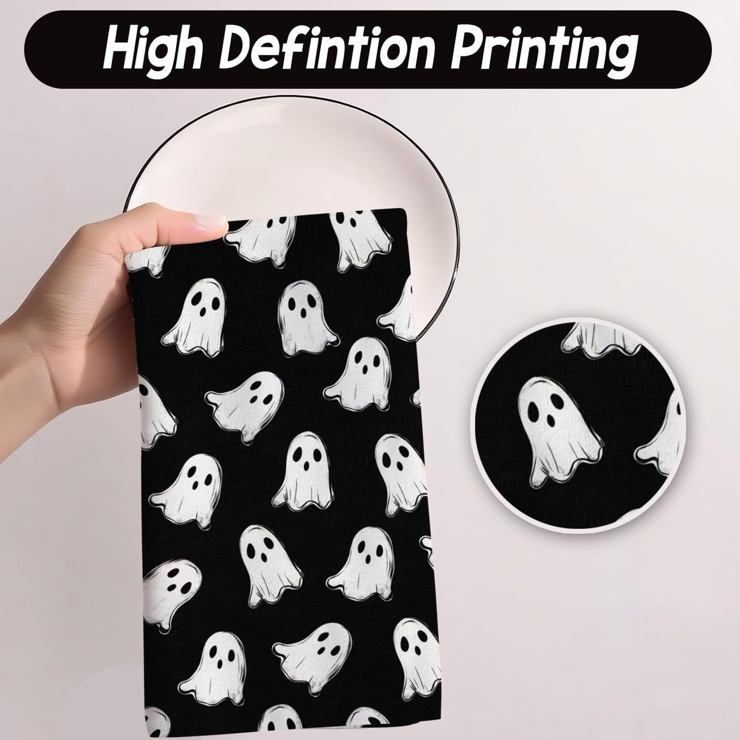 Halloween Kitchen Towels, Black White Spooky Ghost Dish Towels, Hand Towels Holiday Home Indoor Bathroom Party Seasonal Decorations Set of 2, 18x26 Inch