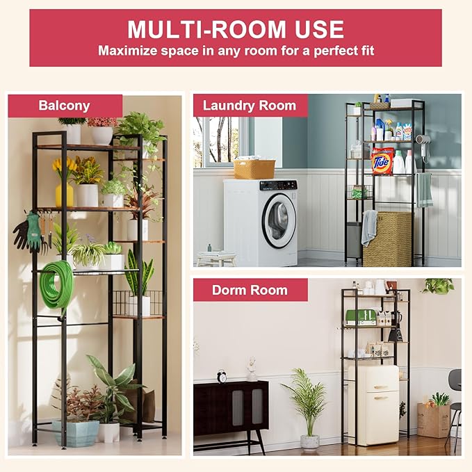 Over Toilet Bathroom Organizer, Solid Wood Over Toilet Storage Shelves with Toilet Paper Holder, Hooks, Side Rack, Sturdy Metal Standing Shelf for Laundry, Balcony, 9.45" D x 31.5" W x 66" H