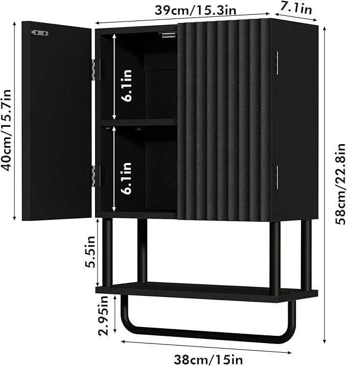 RUSTOWN Fluted Bathroom Wall Cabinet with 2 Doors, 3-Tier Modern Farmhouse Medicine Cabinet, Over The Toilet Storage Cabinet with Adjustable Shelf and Towel Bar(Black, Small)