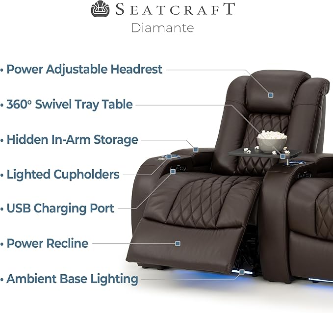 Seatcraft Diamante Zero-Gravity CoolZero Italian Leather Home Theater Seating, Power Headrest, Power Recline, Row of 2 Loveseat, Brown