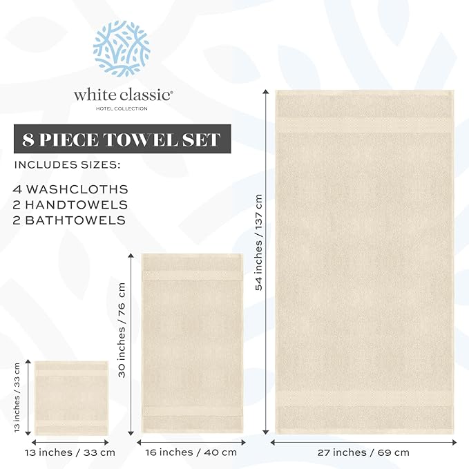 White Classic Luxury Bath Towel Set of 8 Pieces - 100% Turkish Cotton Highly Absorbent Towels for Bathroom, 2 Luxury Bath Towels 700GSM, 2 Hand Towels, 4 Washcloths, Ivory