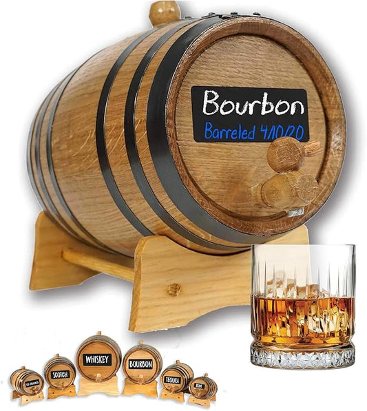 1 Liter Whiskey Barrel Dispenser with Chalkboard Front - Oak Barrels for Aging Whiskey, Cocktails, Tequila - Bourbon Barrel Home Bar Decor - Charred 1L Mini Whiskey Barrels