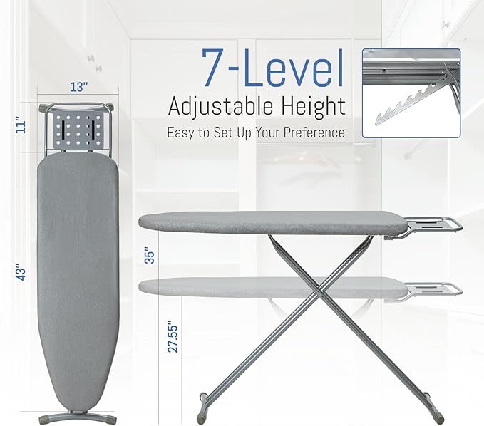 Ironing Board Full Size, BlissBoard 43"x13" Sturdy Heavy Duty Iron Board with Iron Rest, Heat Resistant Cover with Ultra Thick Padding, Height Adjustable, Silver