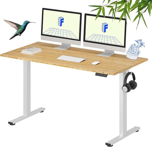 FLEXISPOT EN1 Bamboo Standing Desk, 55 x 28 Inches Whole-Piece Electric Adjustable Height Sit Stand Table, Home Office (White Frame + Bamboo Top, 2 Packages)