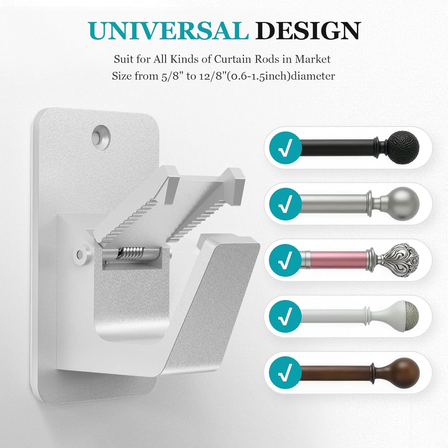 Adhesive No Drill Curtain Rod Brackets - Heavy Duty 30LB Holders for Bathroom Bedroom Kitchen, Universal Damage-Free Window Rod Hooks with Nail-Free Installation (8PC Silver)