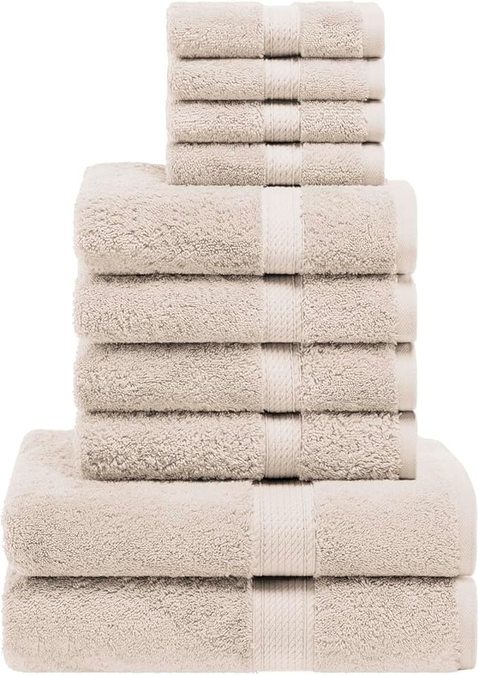 Superior Egyptian Cotton Pile 10 Piece Towel Set, Includes 2 Bath, 4 Hand, 4 Face Towels/Washcloths, Ultra Soft Luxury Towels, Thick Plush Essentials, Guest Bath, Spa, Hotel Bathroom, Stone