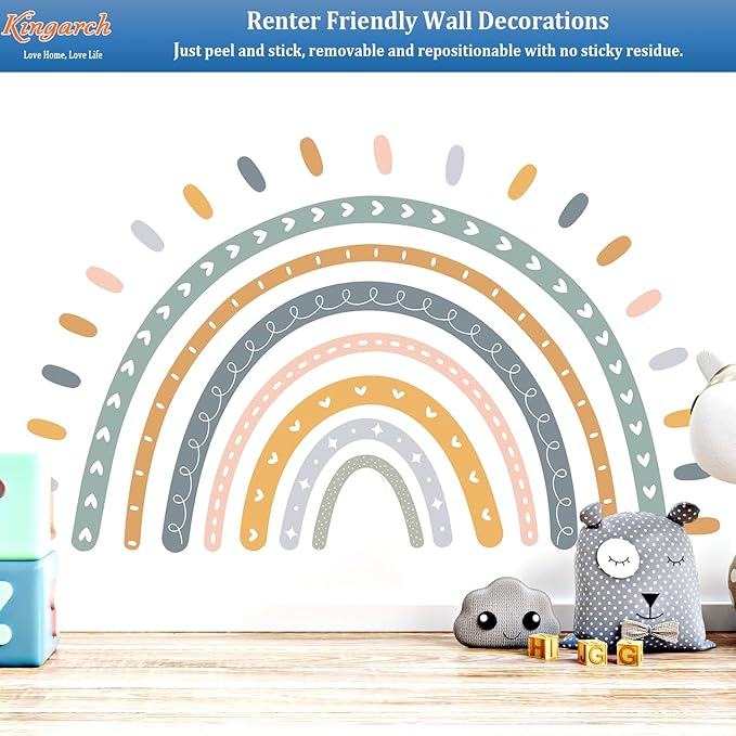 Large Cute Rainbow Wall Decals, Boho Sun Peel and Stick Fabric Nursery Wall Decor, Removable Home Room Wall Decor Murals Stickers for Kids Girls Toddler Bedroom Living Room Playroom