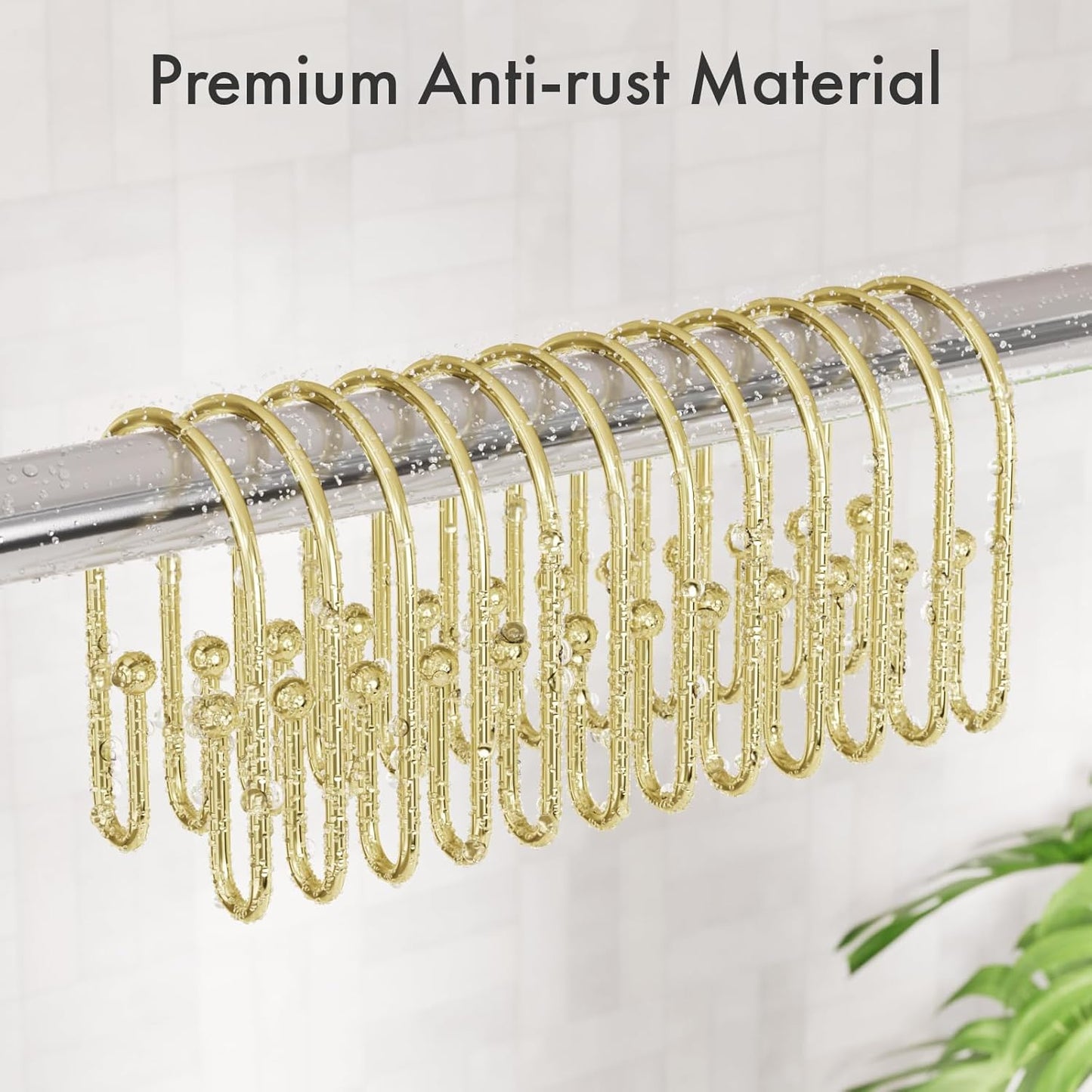 AmazerBath Shower Curtain Hooks, Gold Shower Curtain Hooks Rust Proof, Non-Slip Simple Double Hook Shower Curtain Hooks for Shower Curtain, Sturdy Shower Curtain Rings, 12Pcs