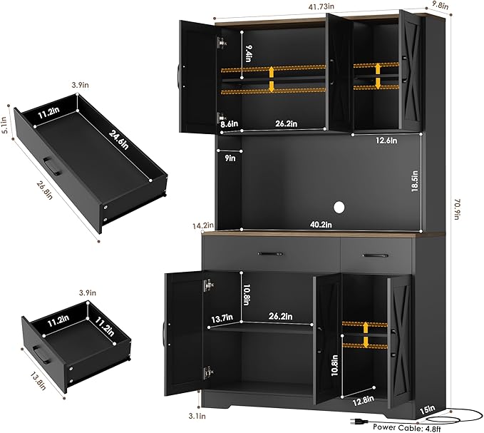 HOSTACK 71" Pantry Cabinet with Charging Station, Tall Kitchen Pantry Storage Cabinet with Microwave Stand, Farmhouse Kitchen Hutch with Storage Drawers for Living Room, Dining Room, Black