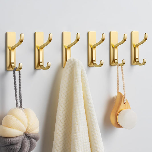 pickpiff Gold Adhesive Hooks for Wall - Extra Strong 13 LB Hold for Towels, Coats, Bags - Durable Stainless Stick-On Metal Hangers for Bathroom, Kitchen, Closet, Door, 6 Pack